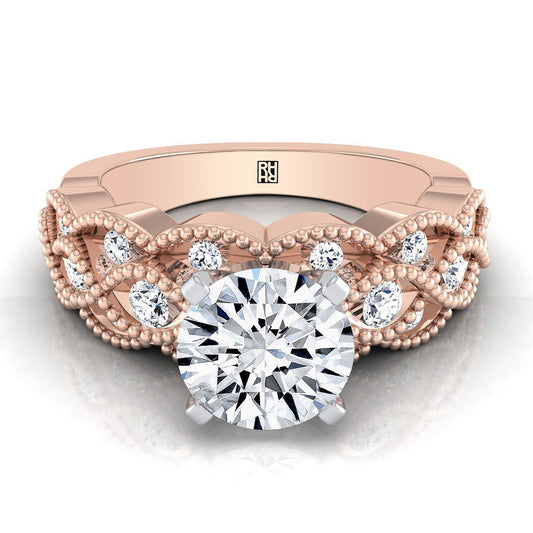 14K Rose Gold Round Brilliant Diamond เปิดลูกปัดสแกลลอป Twist Antique แหวนหมั้นเพชร -1/3ctw