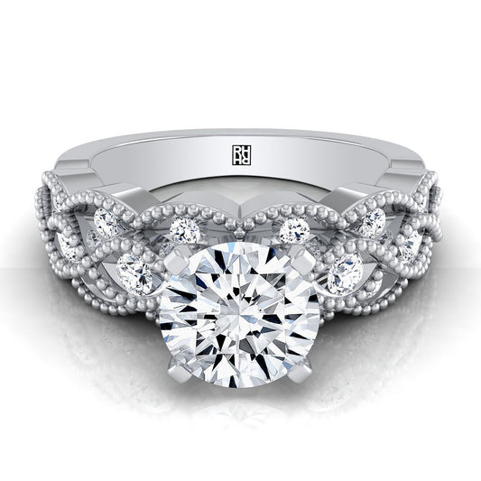 14K สีขาวทอง Round Brilliant Diamond เปิดลูกปัด Scalloped Twist โบราณแหวนหมั้นเพชร -1/3ctw