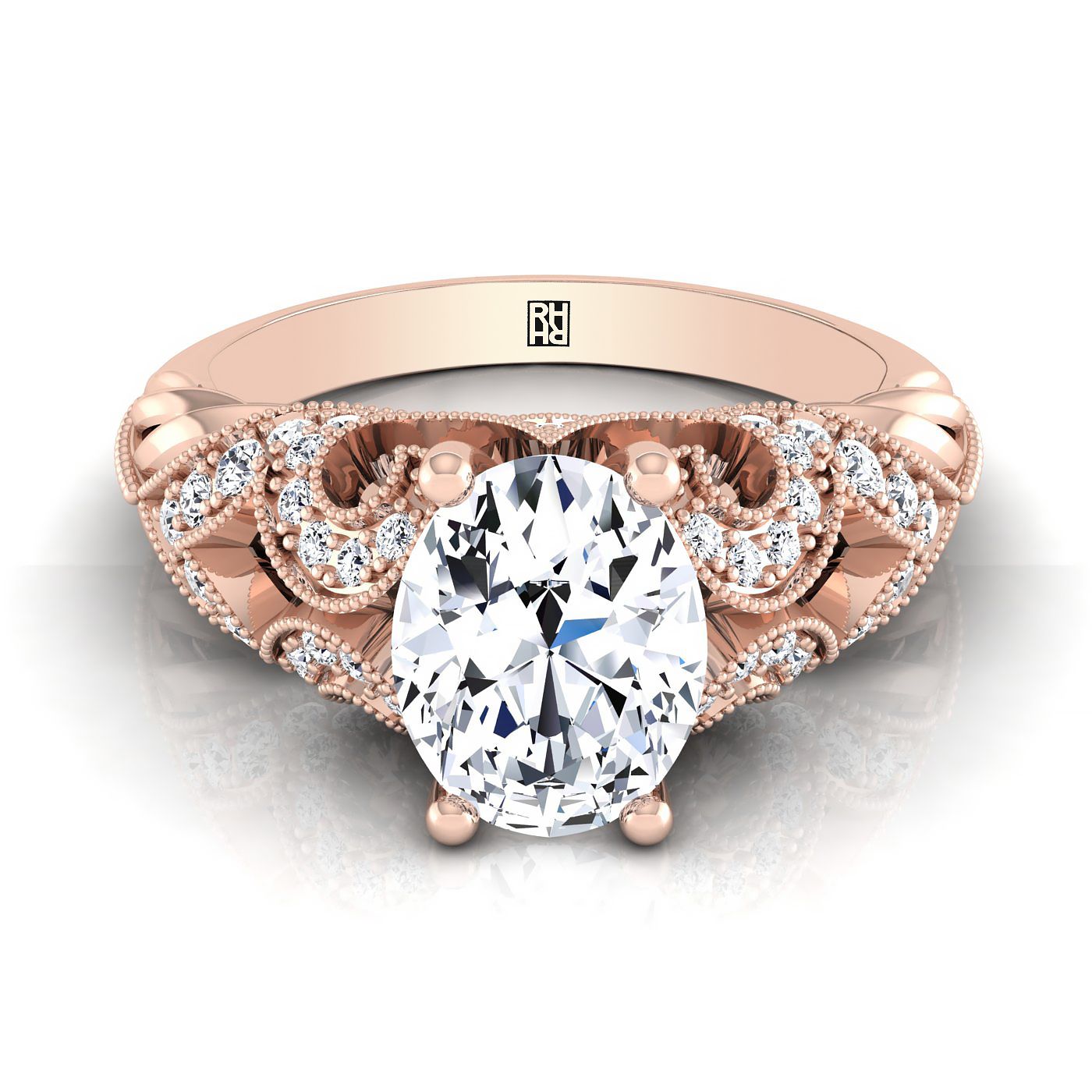 14K Rose Gold วงรีเปิดสวยงามและแหวนหมั้นเพชรลูกปัดโบราณ -1 / 3ctw