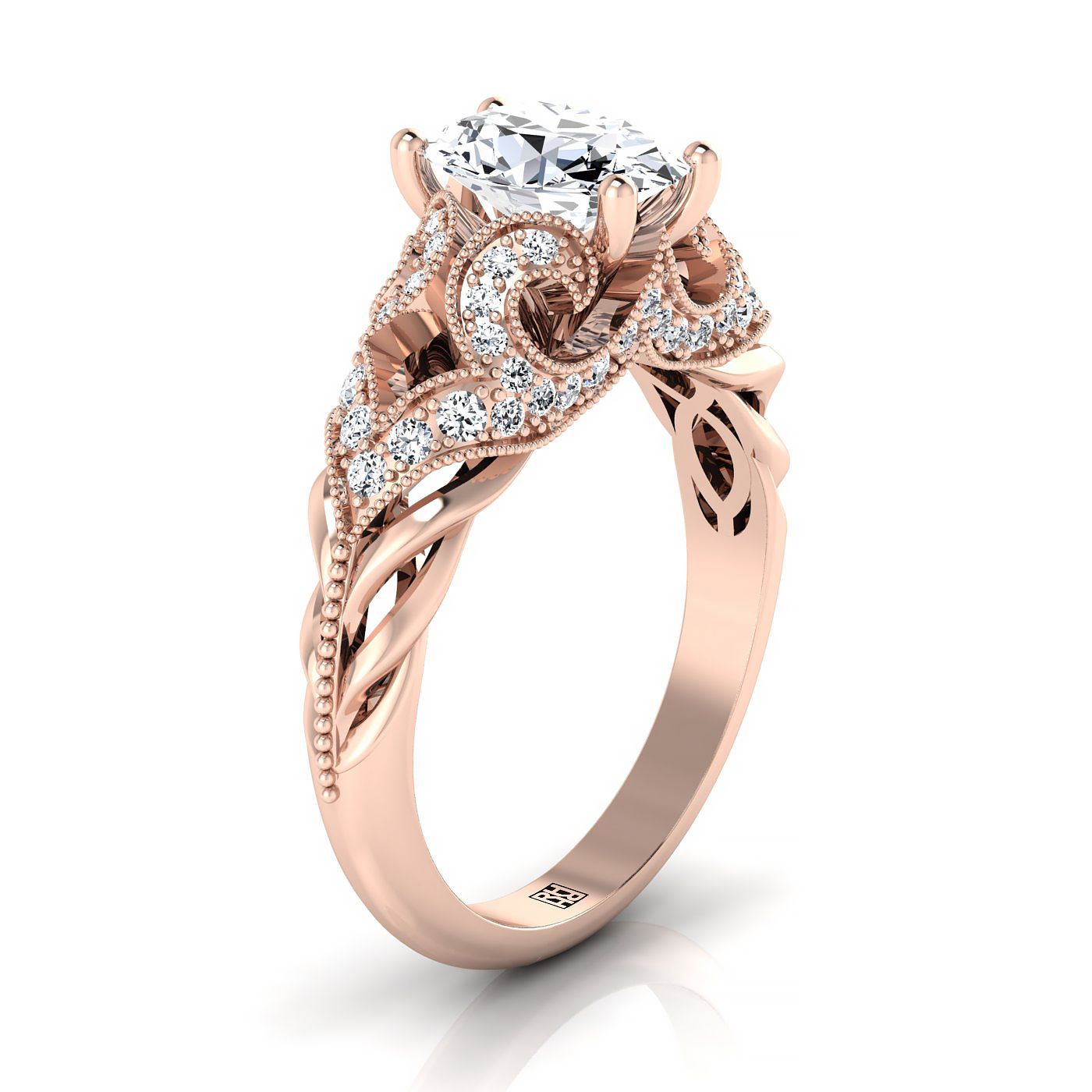 14K Rose Gold วงรีเปิดสวยงามและแหวนหมั้นเพชรลูกปัดโบราณ -1 / 3ctw