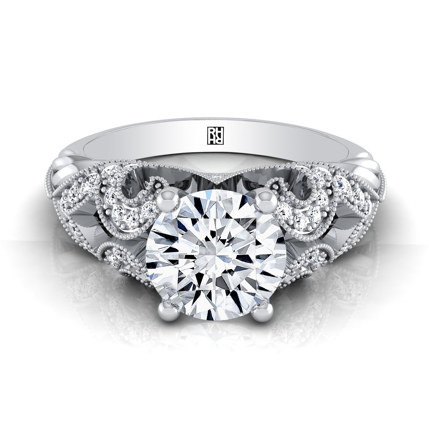 14K White Gold Round Brilliant Open Scroll ที่สวยงามและแหวนหมั้นเพชรลูกปัดโบราณ -1/3ctw