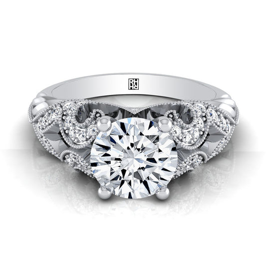 14K White Gold Round Brilliant Open Scroll ที่สวยงามและแหวนหมั้นเพชรลูกปัดโบราณ -1/3ctw