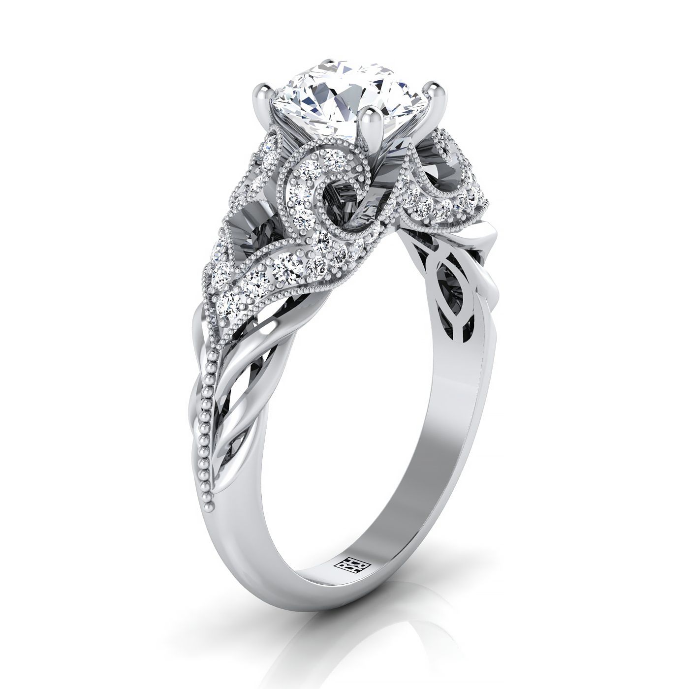 14K White Gold Round Brilliant Open Scroll ที่สวยงามและแหวนหมั้นเพชรลูกปัดโบราณ -1/3ctw