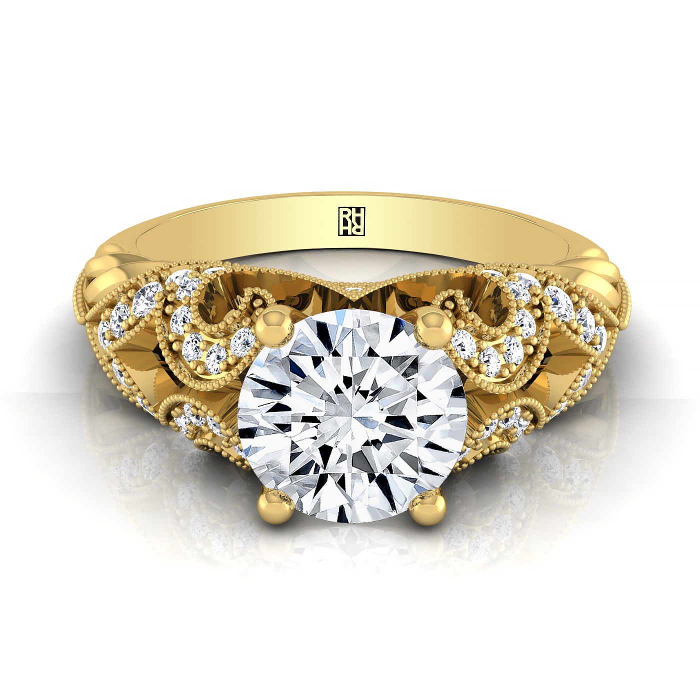 14K Yellow Gold Round Brilliant Open Scroll ที่สวยงามและแหวนหมั้นเพชรลูกปัดโบราณ -1/3ctw