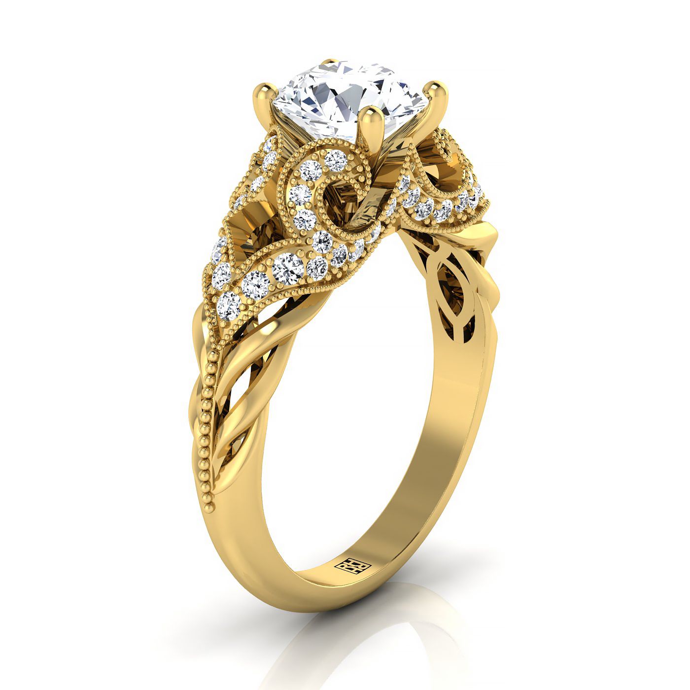 14K Yellow Gold Round Brilliant Open Scroll ที่สวยงามและแหวนหมั้นเพชรลูกปัดโบราณ -1/3ctw