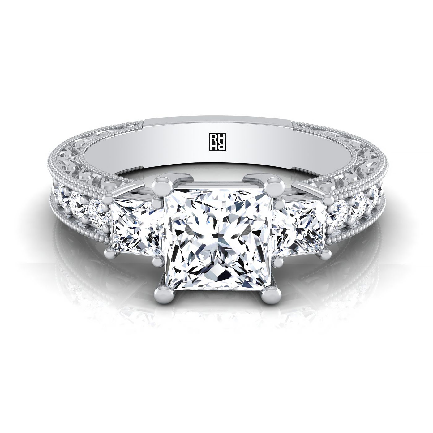 แหวนหมั้นเพชร 14K White Gold Princess Cut Diamond Hand แกะสลักสามหิน Vintage Channel Engagement Ring -3/4ctw