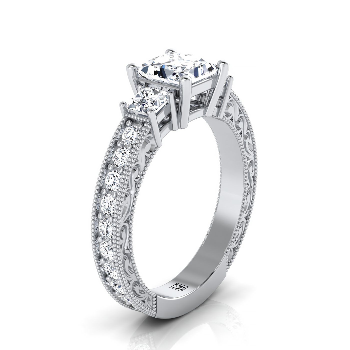 แหวนหมั้นเพชร 14K White Gold Princess Cut Diamond Hand แกะสลักสามหิน Vintage Channel Engagement Ring -3/4ctw