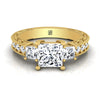 14K Yellow Gold Princess Cut Diamond Hand Engraved Three Stone Vintage Channel Engagement Ring -3/4ctw