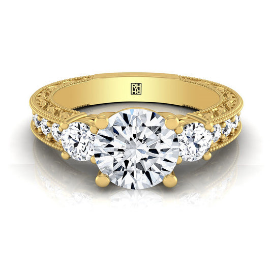 14K Yellow Gold Round Brilliant Diamond Hand Engraved Three Stone Vintage Channel Engagement Ring -3/4ctw