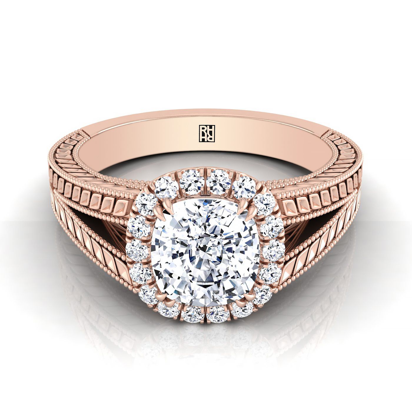 14K Rose Gold Cushion Vintage Inspired Wheat Split Shank Diamond Halo Engagement Ring