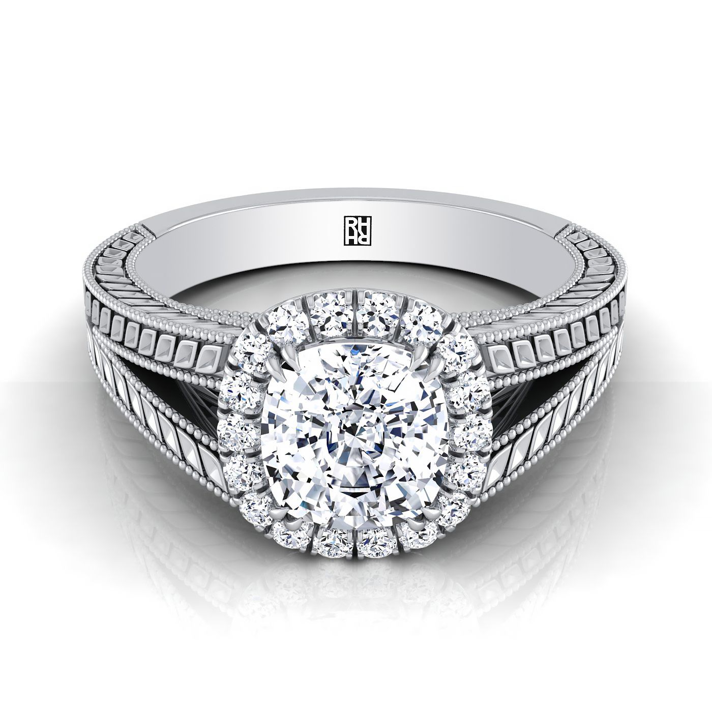 แหวนหมั้นเพชรรัศมีแหวนหมั้นเพชรแยกก้านข้าวสาลี 18K เบาะทองคำขาวแรงบันดาลใจวินเทจ