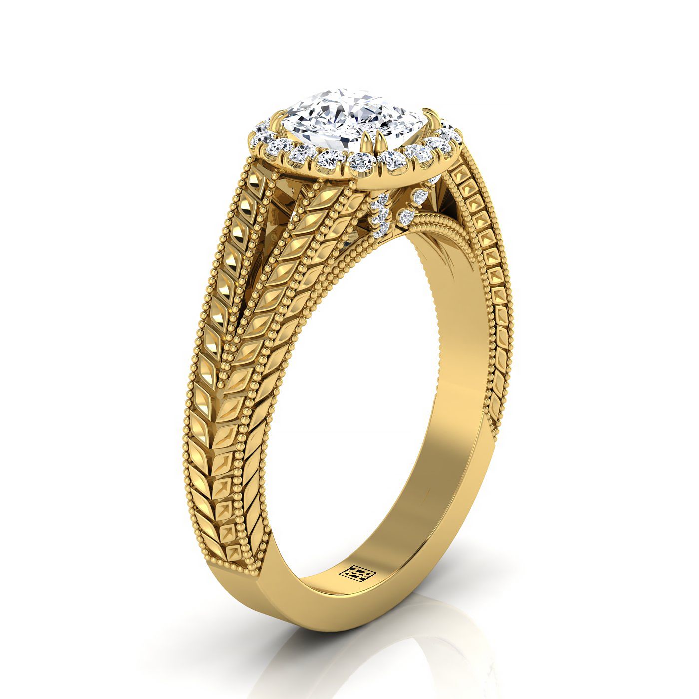 18K Yellow Gold Cushion Vintage Inspired Wheat Split Shank Diamond Halo Engagement Ring