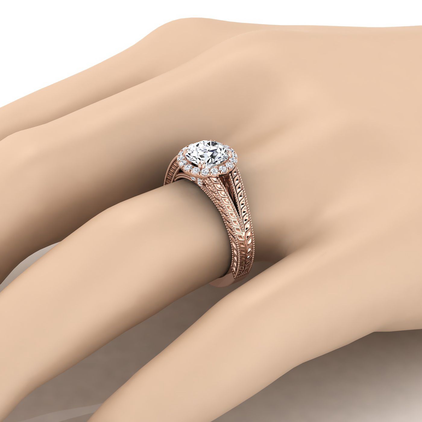 14K Rose Gold Round Brilliant Vintage Inspired Wheat Split Shank Diamond Halo Engagement Ring