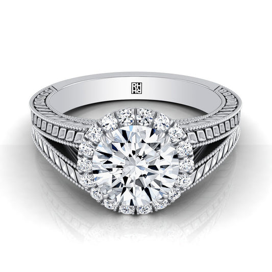 14K White Gold Round Brilliant Vintage Inspired Wheat Split Shank Diamond Halo Engagement Ring