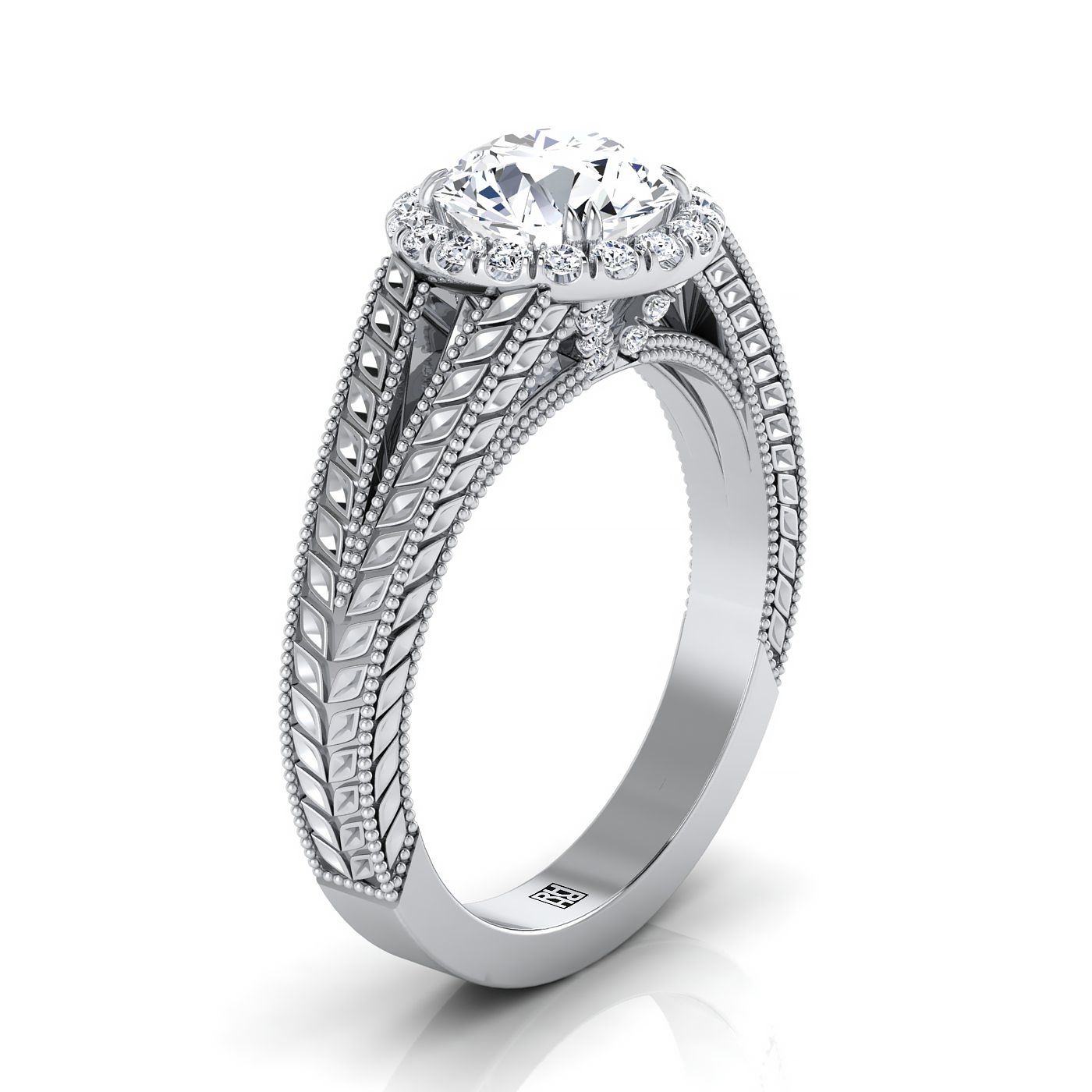 18K White Gold Round Brilliant Vintage Inspired Wheat Split Shank Diamond Halo Engagement Ring