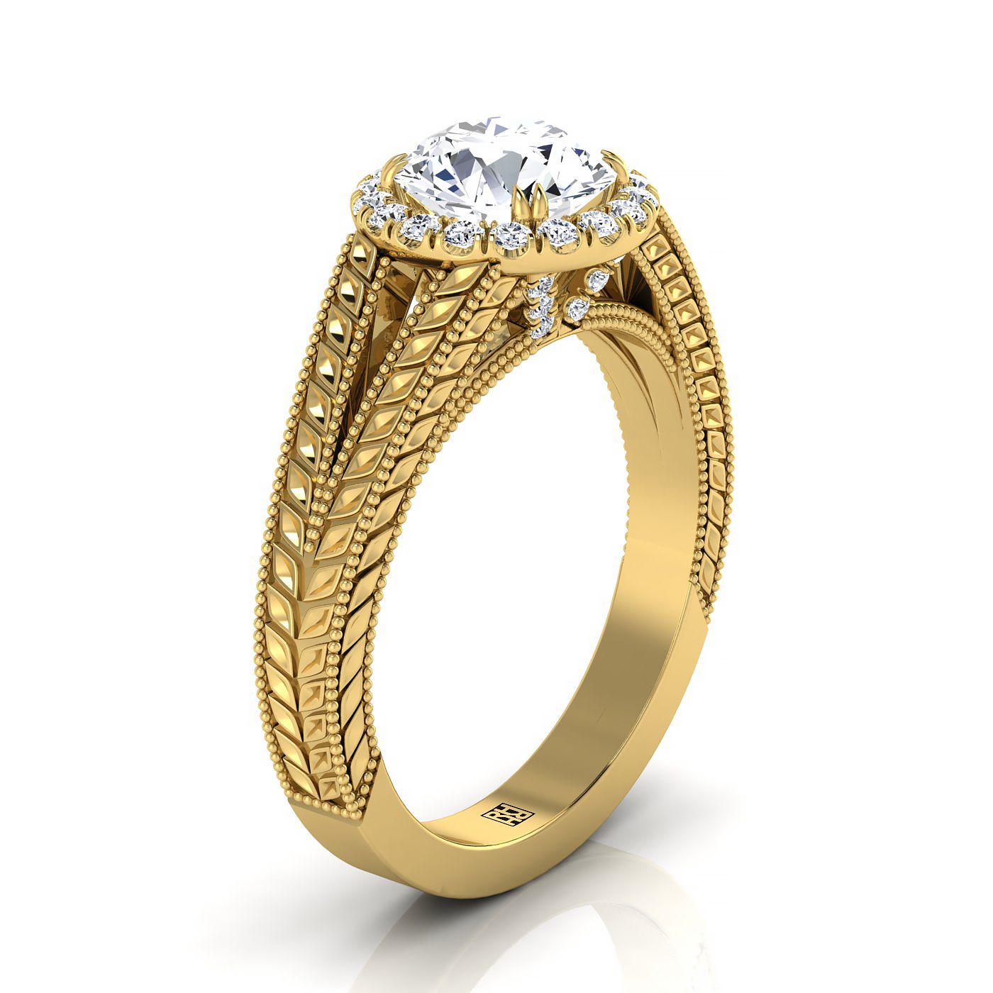 14K สีเหลืองทอง Round Brilliant Vintage แรงบันดาลใจข้าวสาลีแยก Shank Diamond Halo แหวนหมั้น