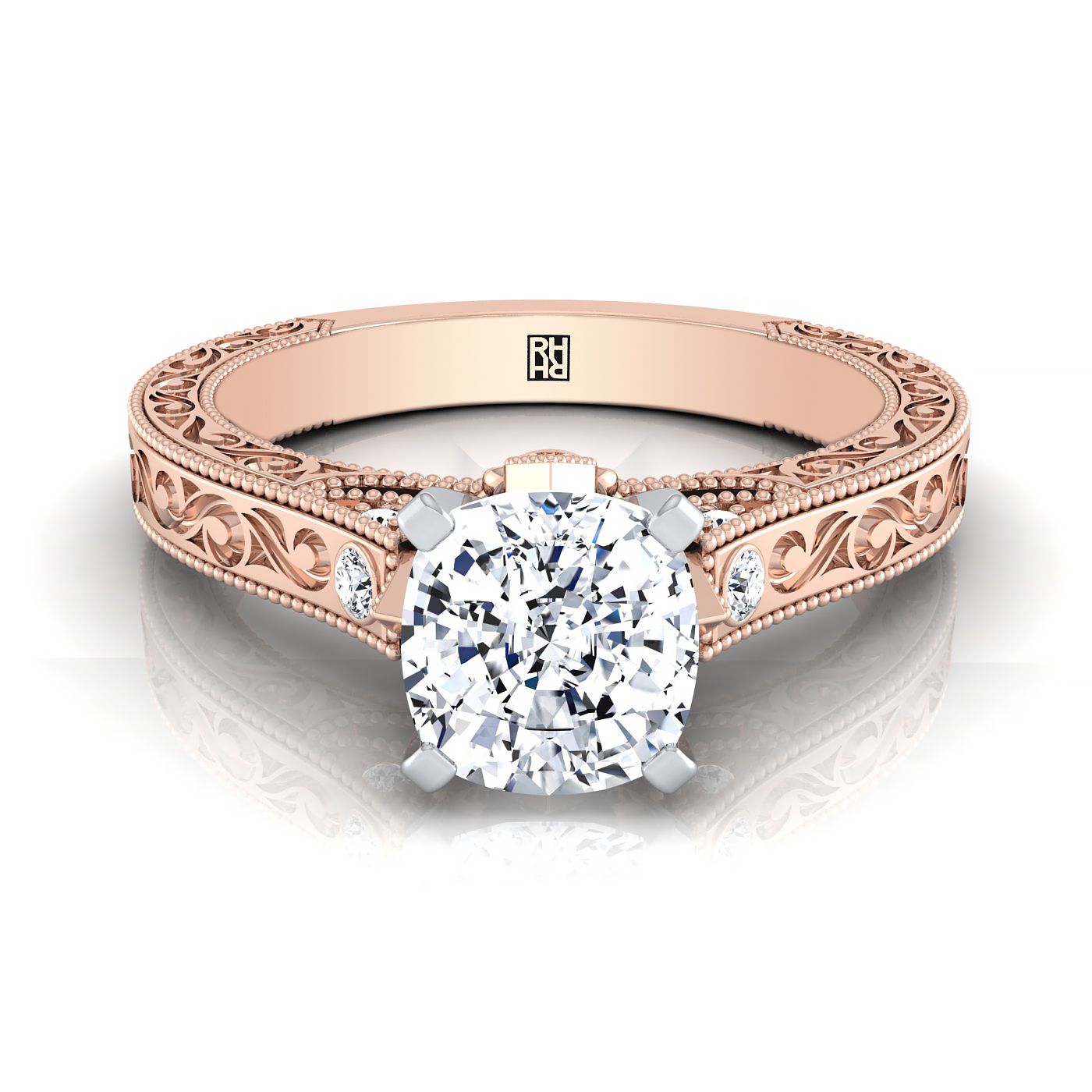 14K Rose Gold Cushion Delicate Diamond Accented Antique Hand แกะสลักแหวนหมั้น -1/10ctw