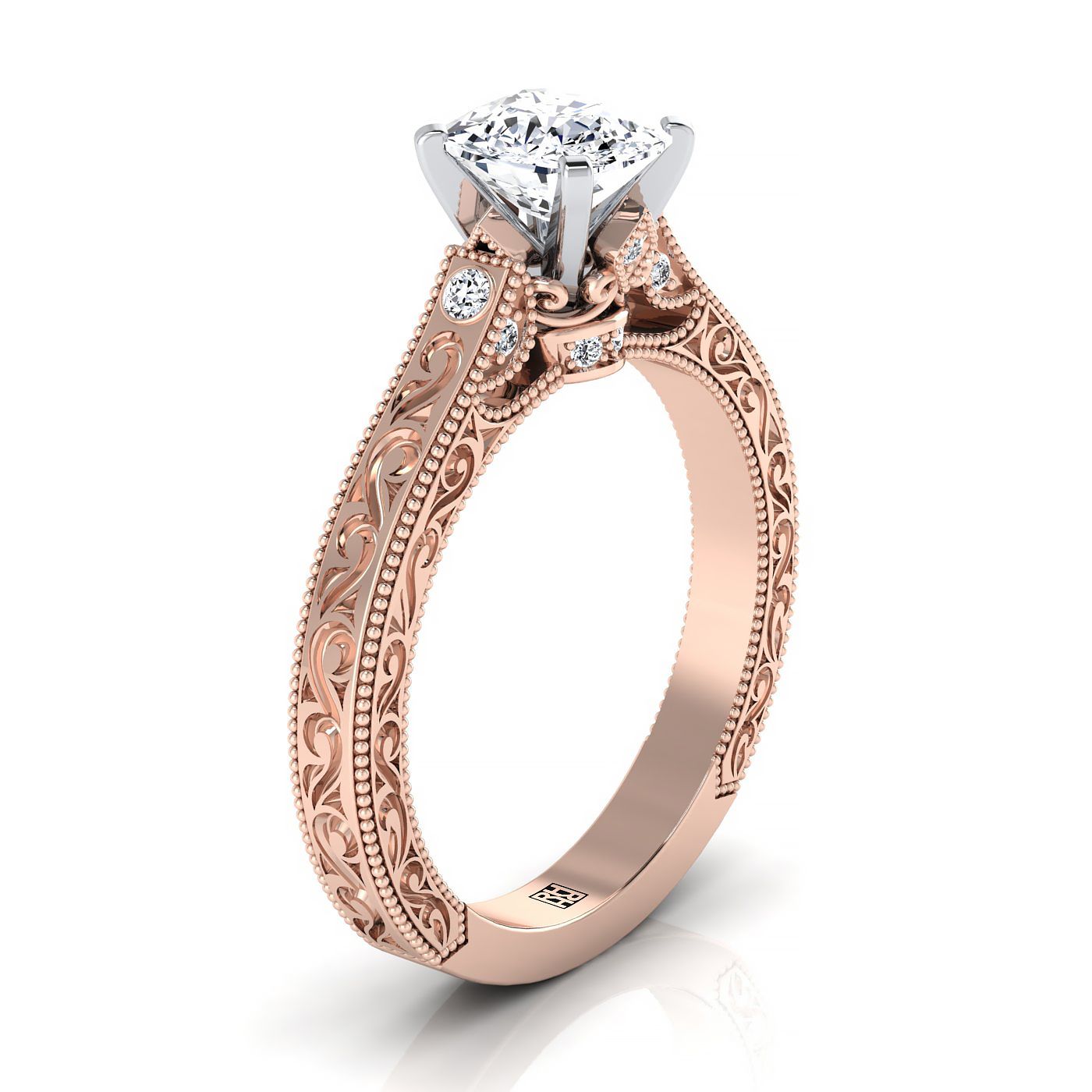 14K Rose Gold Cushion Delicate Diamond Accented Antique Hand แกะสลักแหวนหมั้น -1/10ctw