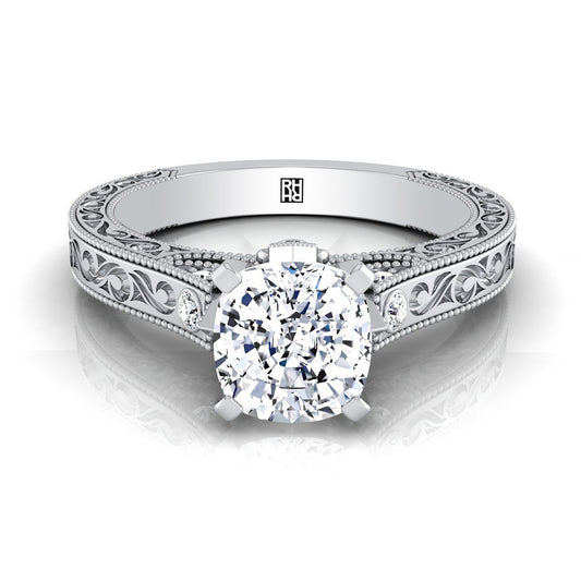 แหวนหมั้นทองคำขาว 14K เบาะเพชรละเอียดอ่อนเน้นโบราณมือแกะสลักแหวนหมั้น -1/10ctw