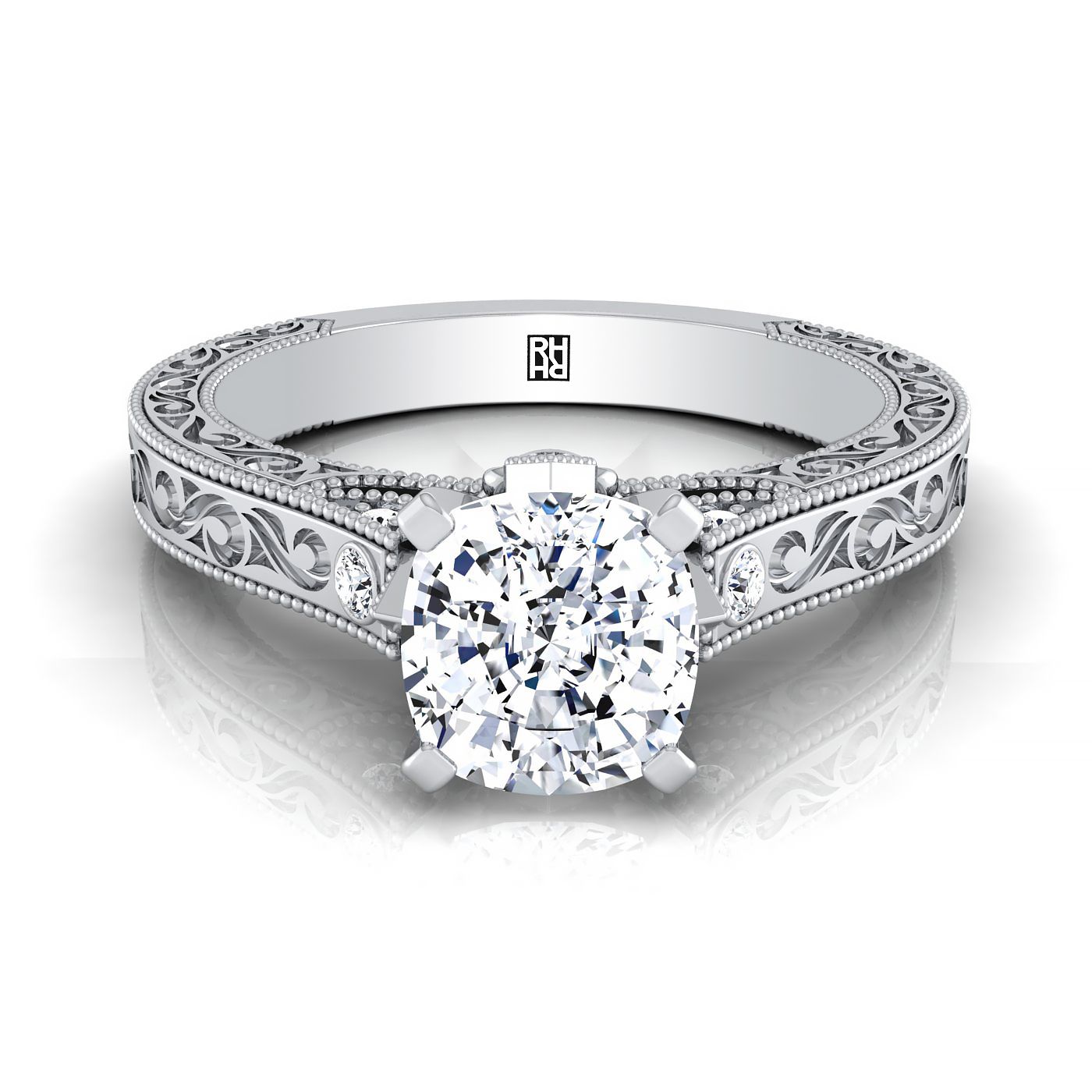 18K White Gold Cushion Delicate Diamond Accented Antique Hand Engraved Engagement Ring -1/10ctw