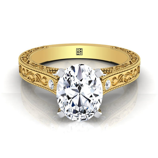 18K Yellow Gold Oval Delicate Diamond Accented Antique Hand Engraved Engagement Ring -1/10ctw