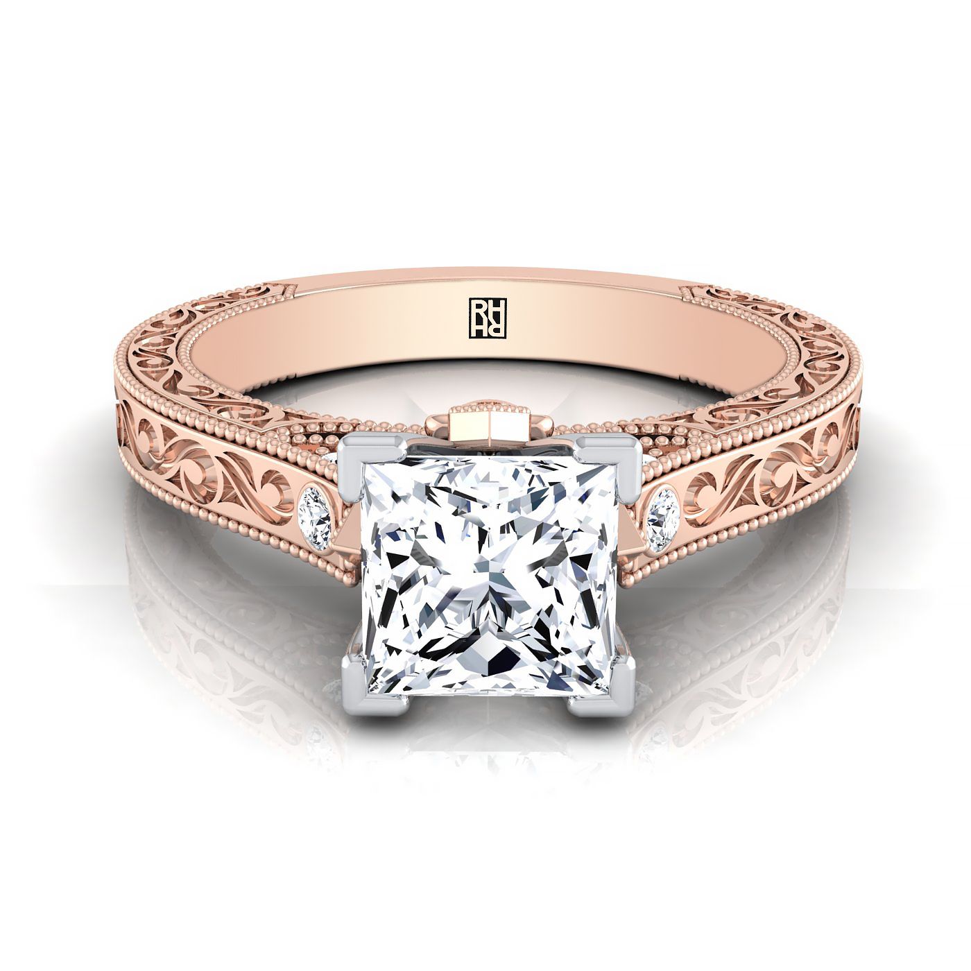 14K Rose Gold Princess Cut เพชรละเอียดอ่อนเน้นโบราณมือแกะสลักแหวนหมั้น -1/10ctw