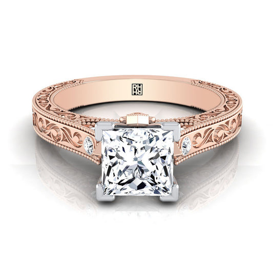 14K Rose Gold Princess Cut เพชรละเอียดอ่อนเน้นโบราณมือแกะสลักแหวนหมั้น -1/10ctw