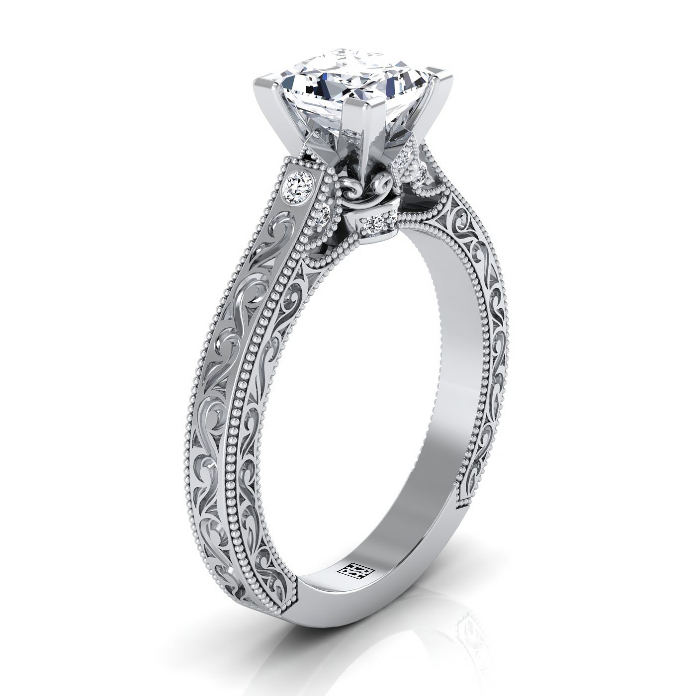 18K White Gold Princess Cut Delicate Diamond Accented Antique Handแกะสลักแหวนหมั้น -1/10ctw