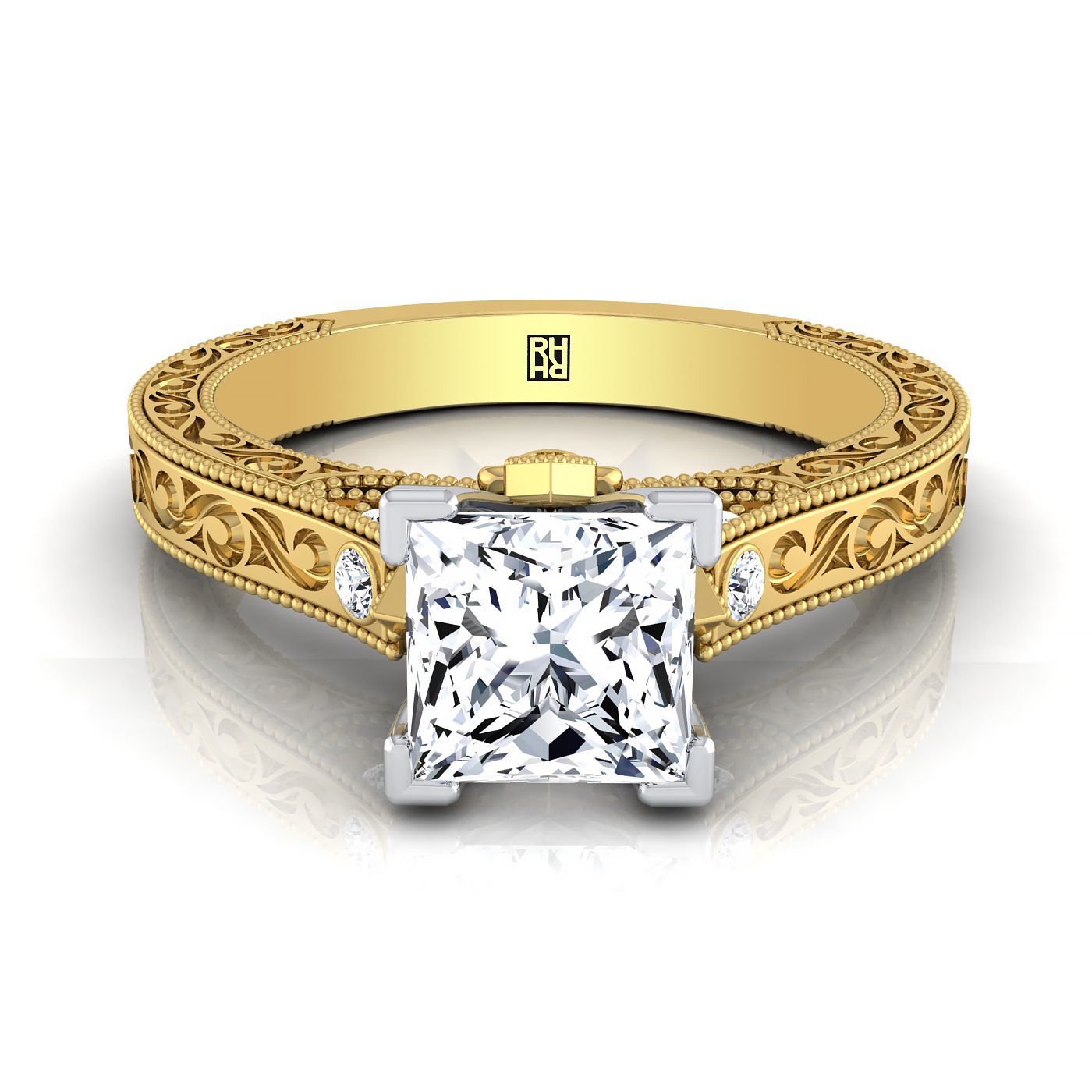 18K Yellow Gold Princess Cut Delicate Diamond Accented Antique Hand Engraved Engagement Ring -1/10ctw