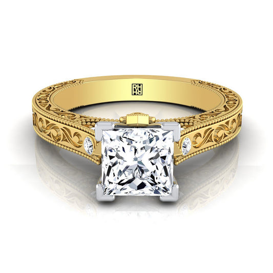 14K สีเหลืองทอง Princess Cut เพชรละเอียดอ่อนเน้นโบราณมือแกะสลักแหวนหมั้น -1/10ctw