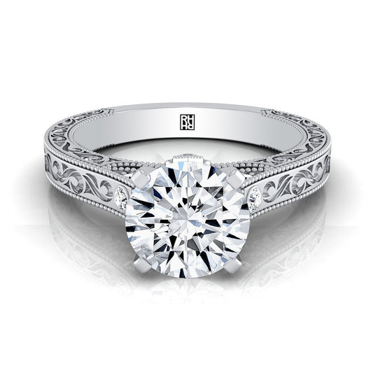 18K White Gold Round Brilliant Delicate Diamond Accented Antique Hand Engraved Engagement Ring -1/10ctw