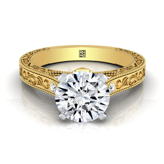 18K Yellow Gold Round Brilliant Delicate Diamond Accented Antique Hand Engraved Engagement Ring -1/10ctw