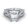 14K White Gold Emerald Cut Antique Twisted Open Beaded Diamond Halo Engagement Ring -1/5ctw