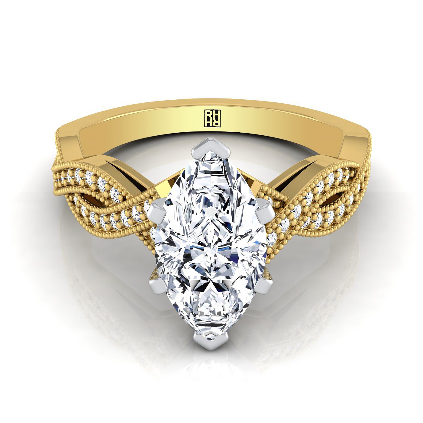 14K Yellow Gold Marquise Antique Twisted Open Beaded Diamond Halo Engagement Ring -1/5ctw