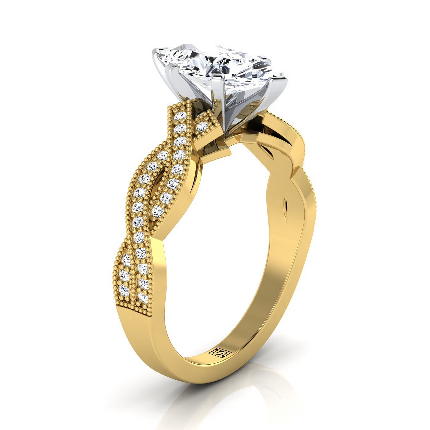 14K Yellow Gold Marquise Antique Twisted Open Beaded Diamond Halo Engagement Ring -1/5ctw