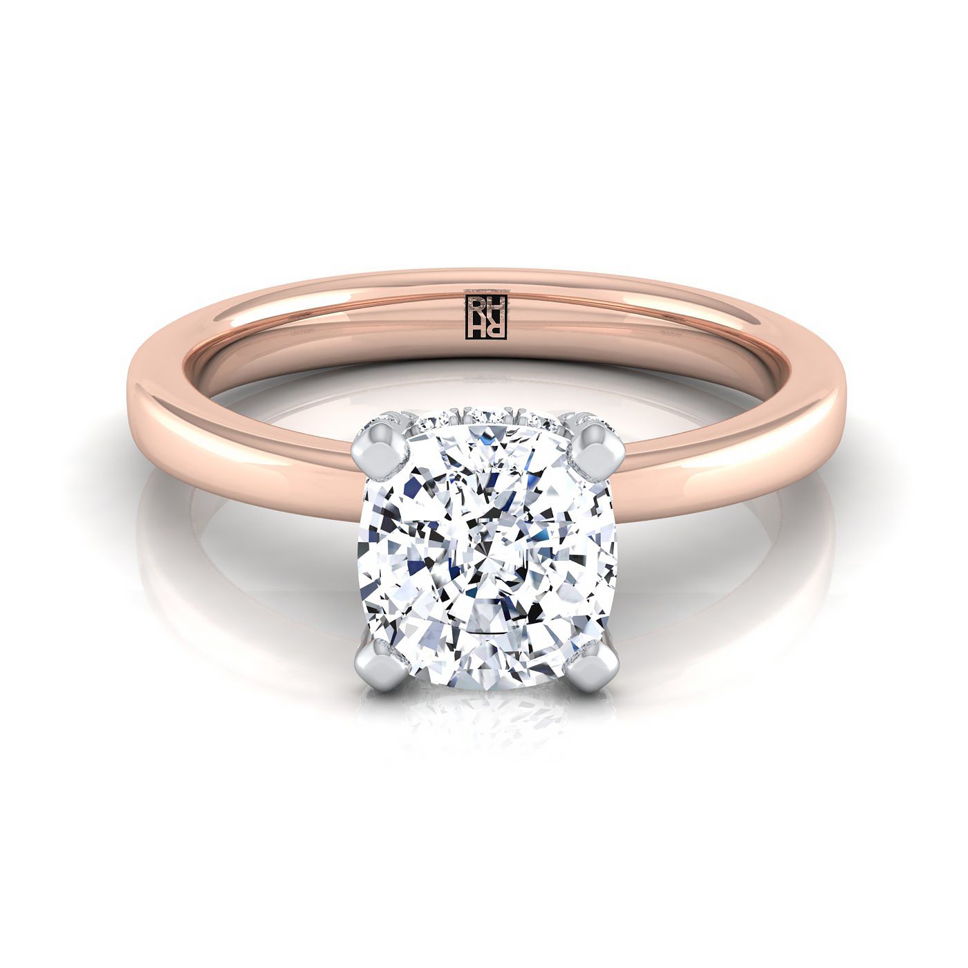 แหวนหมั้นเพชร 14K Rose Gold Cushion Diamond Pave Basket Crown Solitaire Engagement Ring -1/10ctw