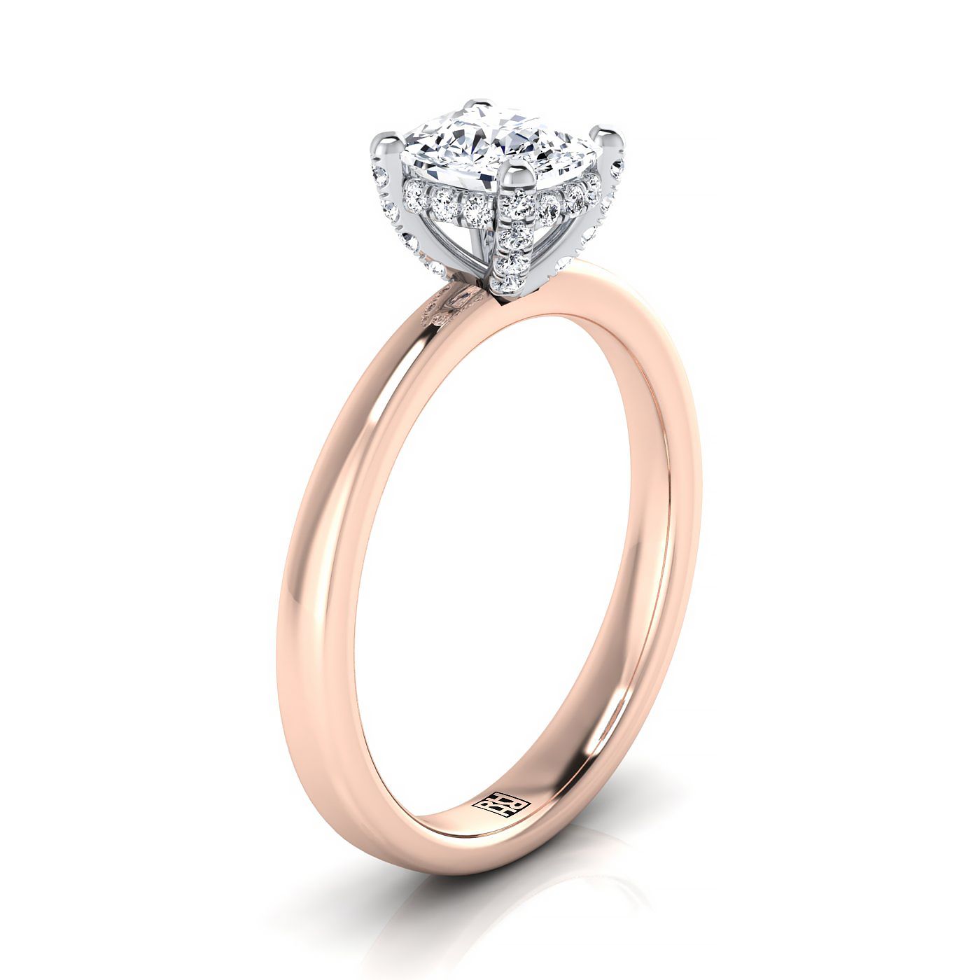 แหวนหมั้นเพชร 14K Rose Gold Cushion Diamond Pave Basket Crown Solitaire Engagement Ring -1/10ctw