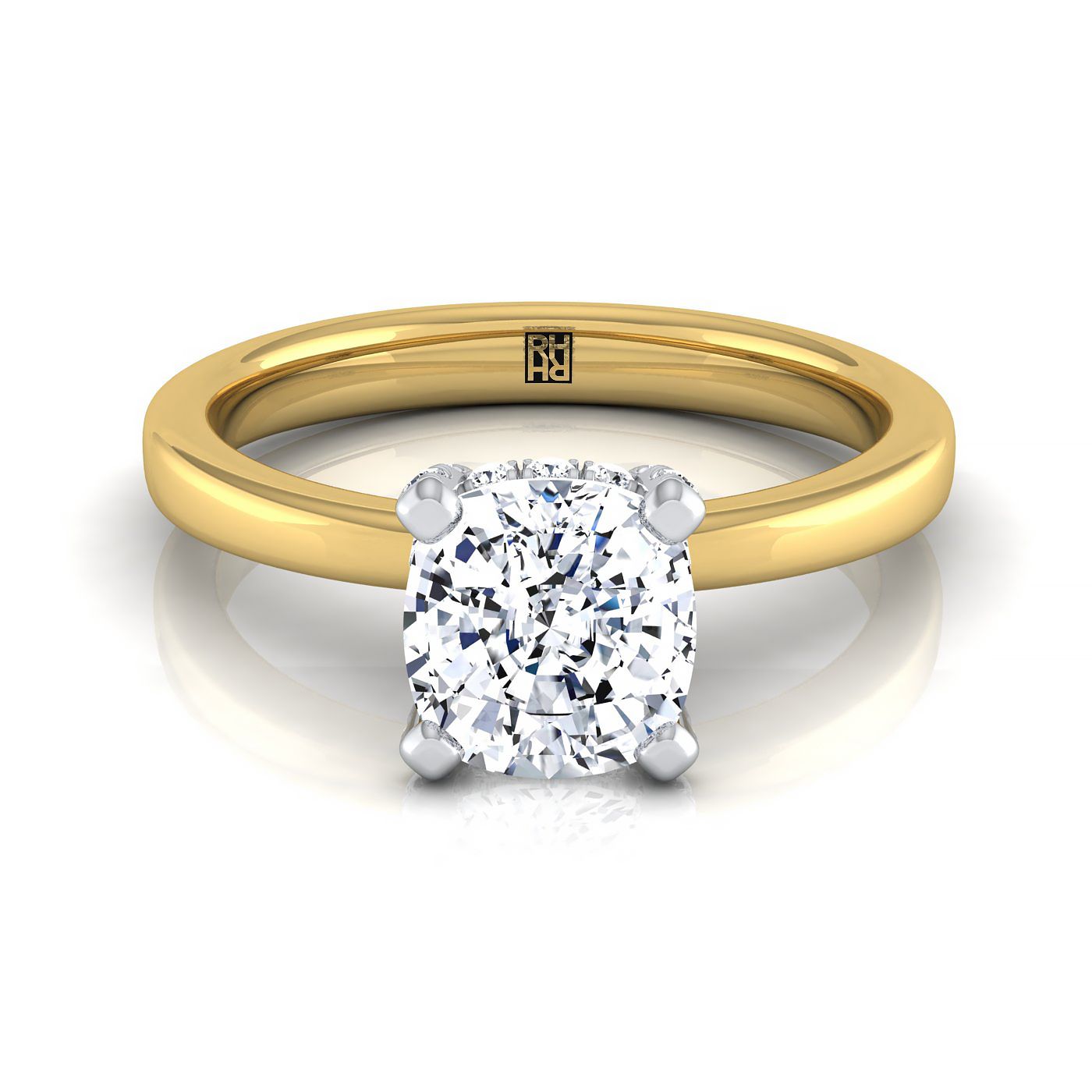 แหวนหมั้นเพชร 18K Yellow Gold Cushion Diamond Pave Basket Crown Solitaire Engagement Ring -1/10ctw