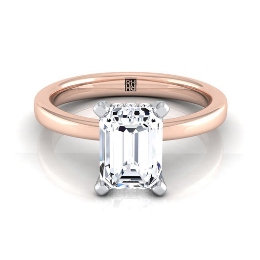 14K Rose Gold Emerald Cut Diamond Hidden Pave Basket Crown Solitaire Engagement Ring -1/10ctw