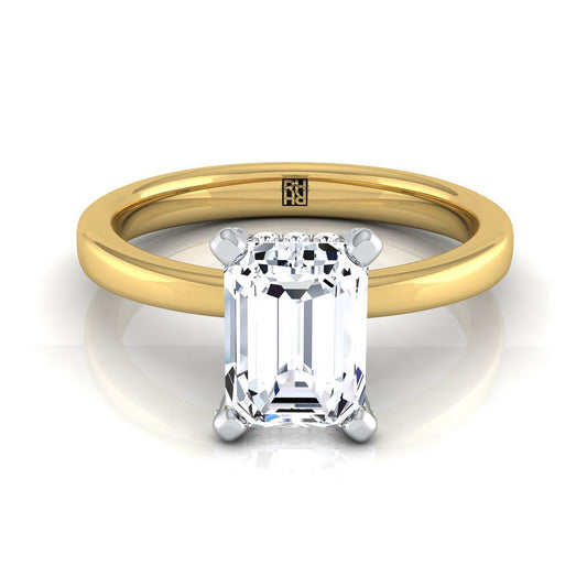 18K Yellow Gold Emerald Cut Diamond Hidden Pave Basket Crown Solitaire Engagement Ring -1/10ctw