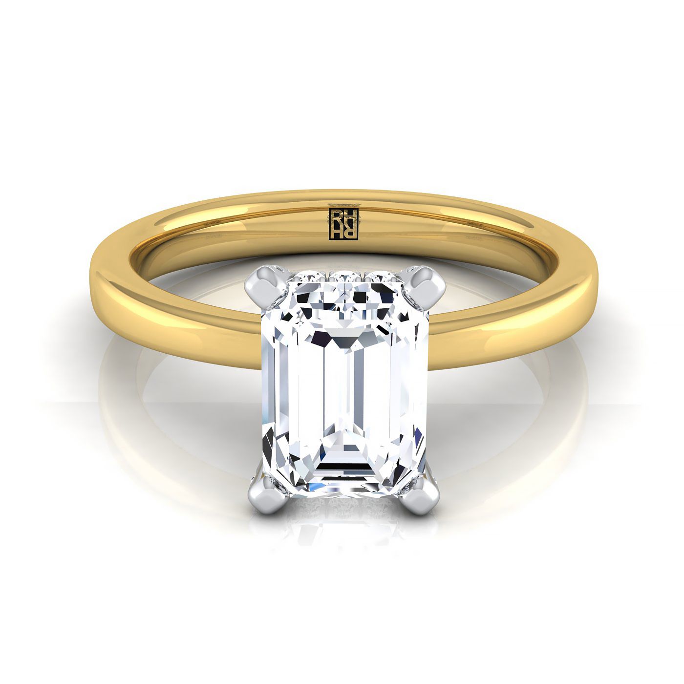 14K สีเหลืองทองมรกตตัดเพชรซ่อน Pave Basket Crown Solitaire แหวนหมั้น -1/10ctw