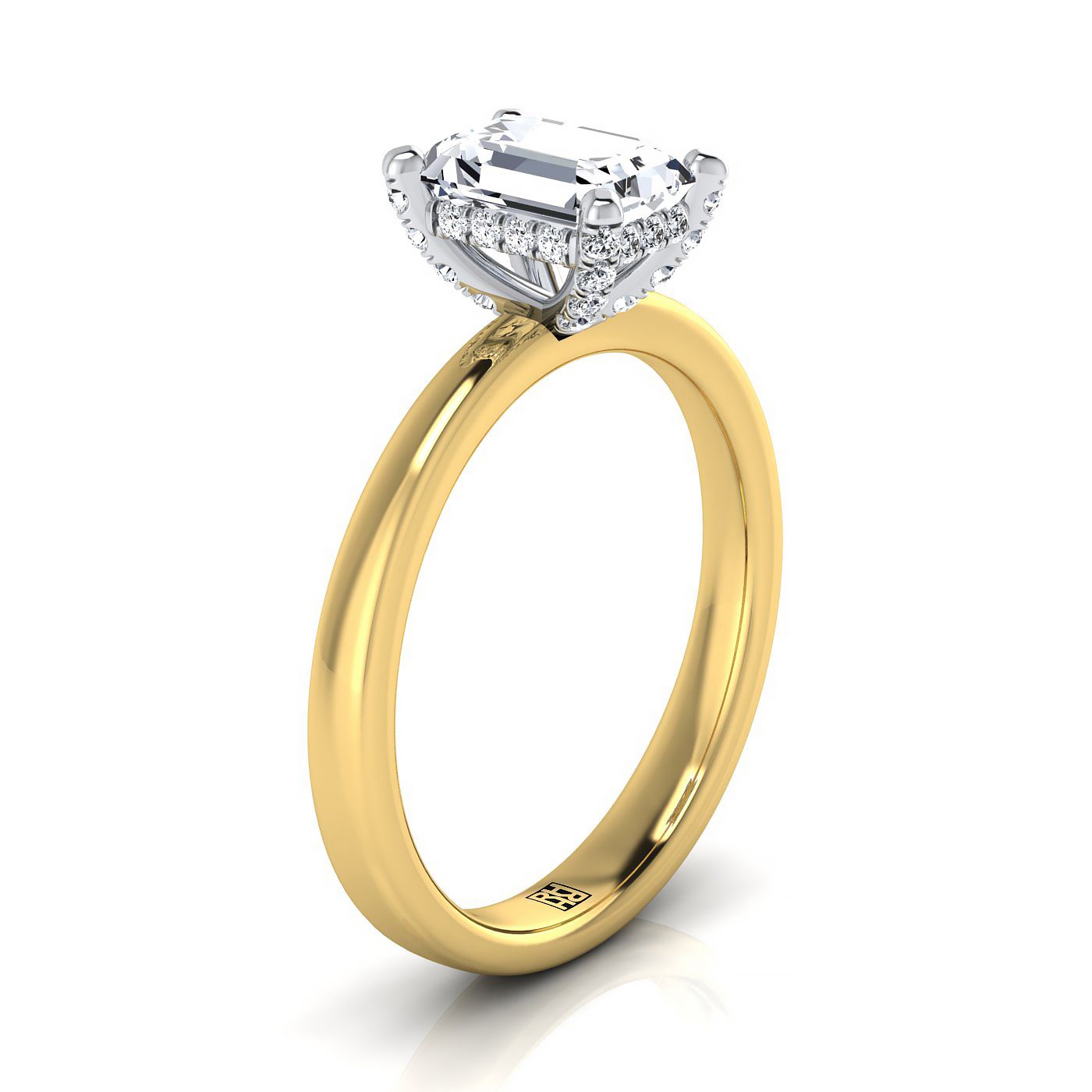 14K สีเหลืองทองมรกตตัดเพชรซ่อน Pave Basket Crown Solitaire แหวนหมั้น -1/10ctw