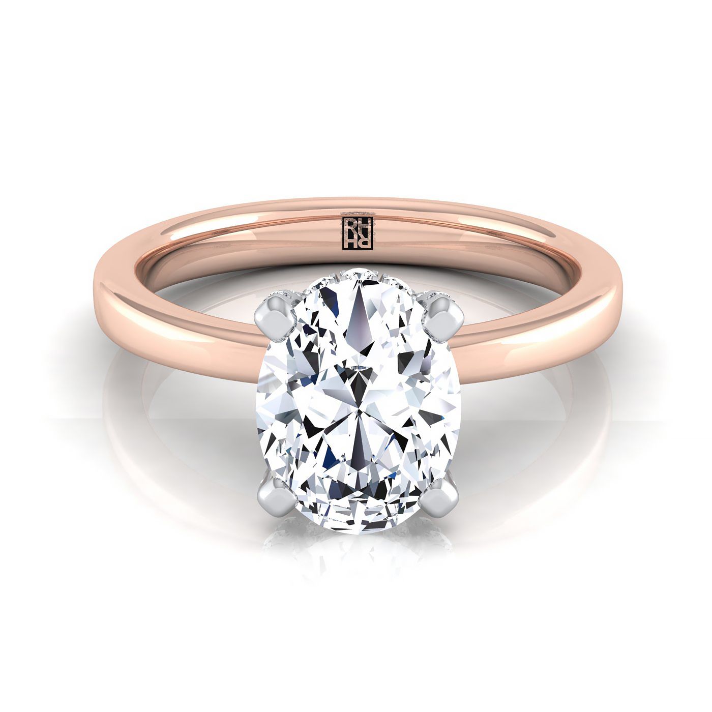 14K Rose Gold Oval Diamond Hidden Pave Basket Crown Solitaire Engagement Ring -1/10ctw