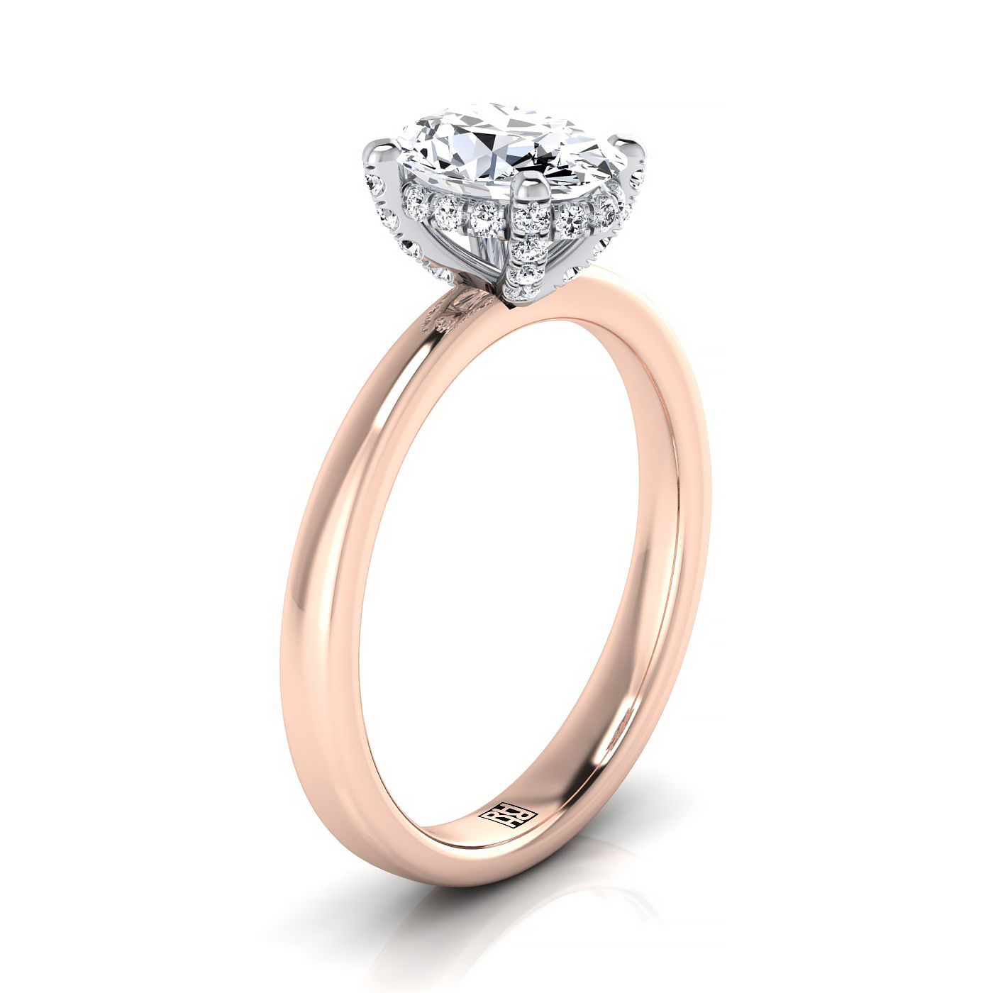 แหวนหมั้นเพชรทรงรี 14K Rose Gold Diamond Pave Basket Crown Solitaire -1/10ctw