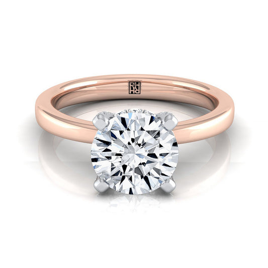 14K Rose Gold Round Brilliant Diamond Hidden Pave Basket Crown Solitaire แหวนหมั้น -1/10ctw