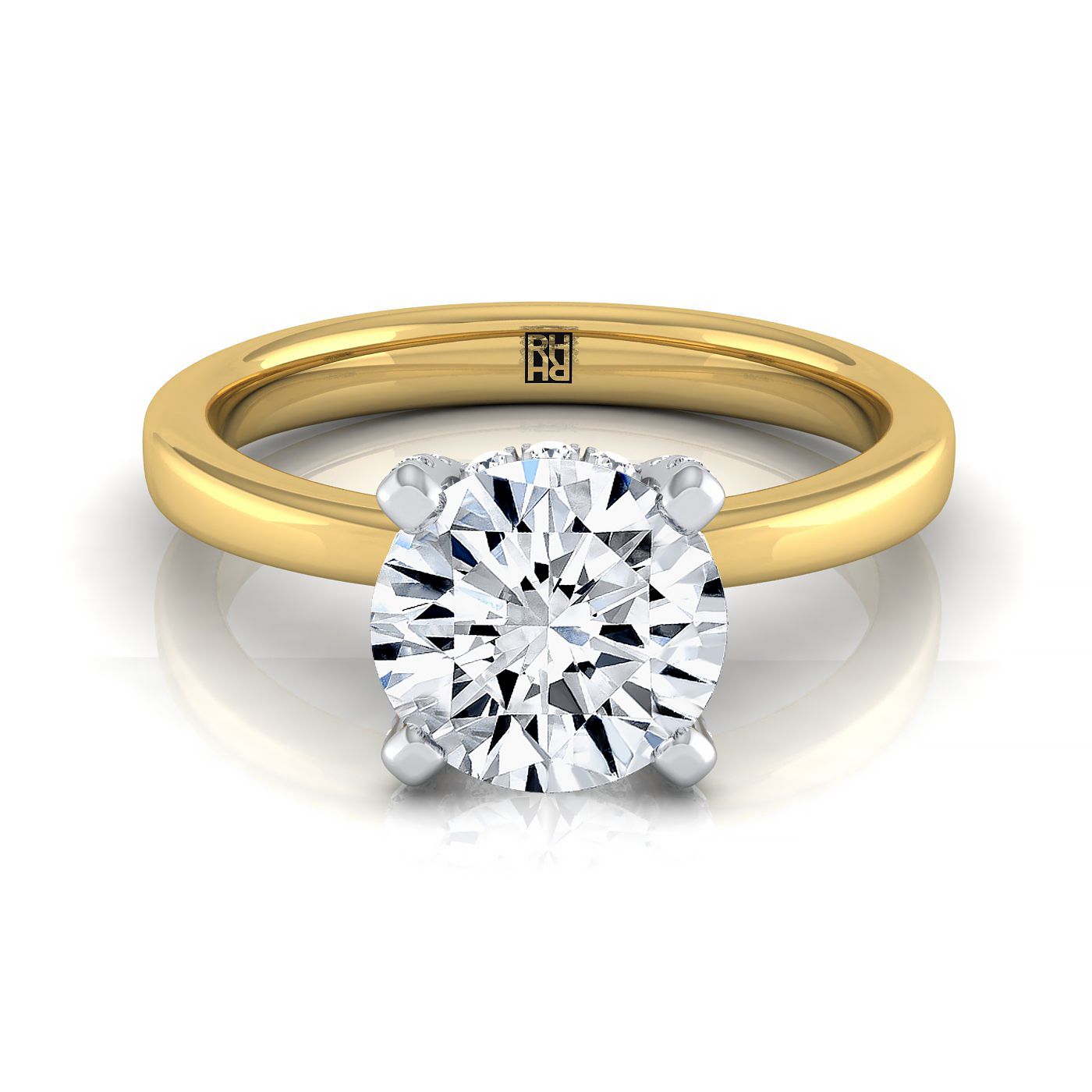 18K สีเหลืองทอง Round Brilliant Diamond ซ่อน Pave Basket Crown Solitaire แหวนหมั้น -1/10ctw