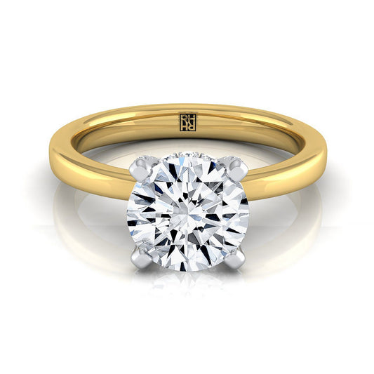 14K สีเหลืองทอง Round Brilliant Diamond ซ่อน Pave Basket Crown Solitaire แหวนหมั้น -1/10ctw