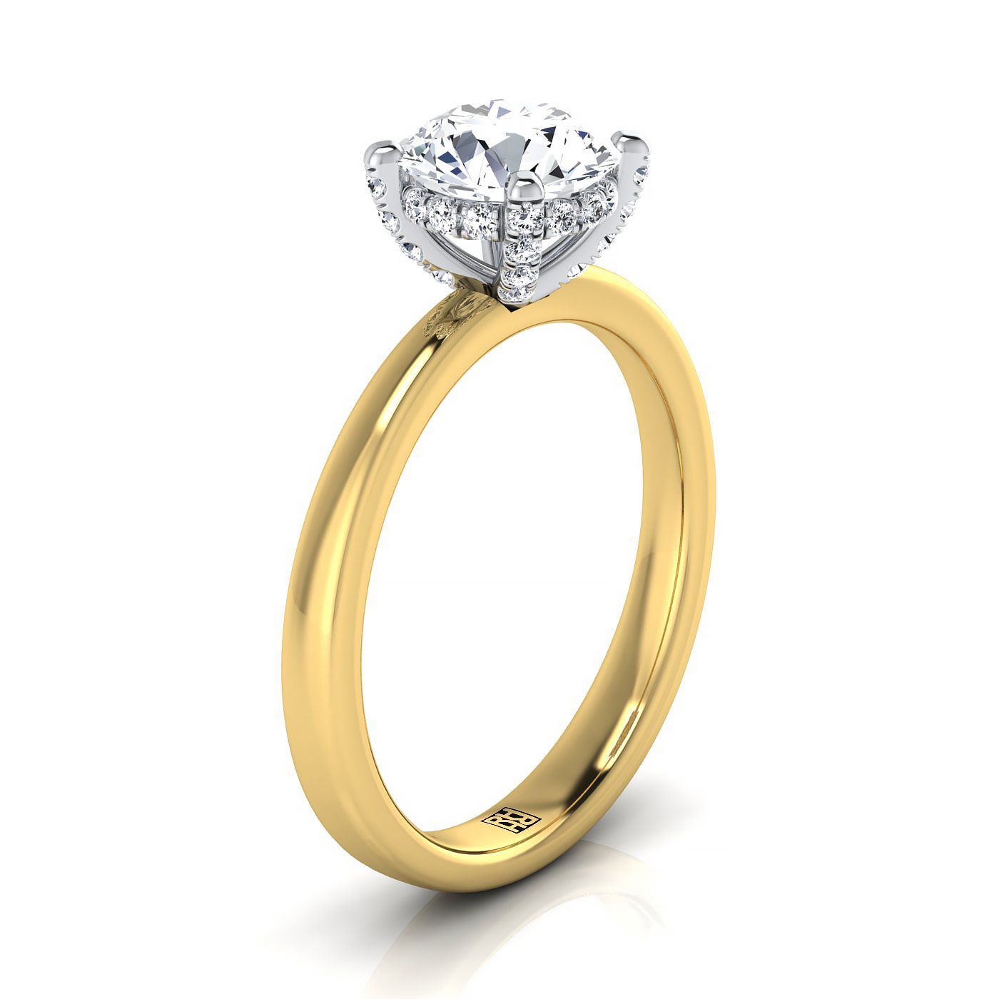 18K สีเหลืองทอง Round Brilliant Diamond ซ่อน Pave Basket Crown Solitaire แหวนหมั้น -1/10ctw