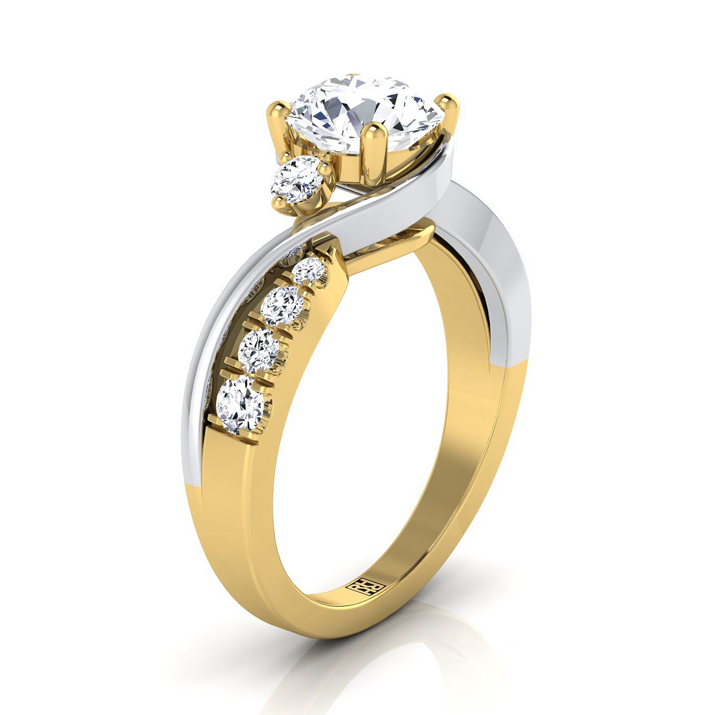 18K Yellow Gold Round Brilliant Diamond Inspired Twist บนแหวนหมั้นหินสามคลาสสิก -3/8ctw