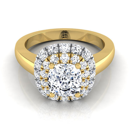 14K Yellow Gold Cushion Diamond Stair Step Double Halo Engagement Ring -1/2ctw